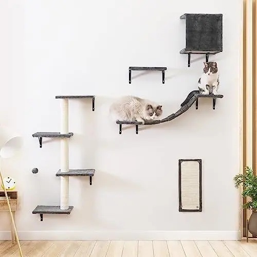 Produktbild: Kletterwand Katzen Set - 5-teiliges -Wandregale, Stabiler Holzkletterer , Wandpark mit Katzenhaus, Katzenbrücke, Katzenbaum, Katzentreppe und Kratzbrett bis zu 10 kg (Grau)
