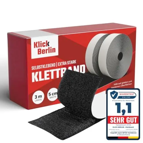 Produktbild: Klick Berlin Klettband Selbstklebend Extra Stark 5 cm x 3 m | Klett Klebeband klebt auf vielen Flächen | Klettverschluss | 50mm breit, 3 Meter lang | Schwarz