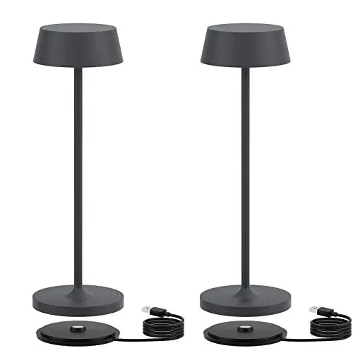 Produktbild: Klighten 2 Stück Dimmbare LED Akku Tischlampe Kabellos, Touch Metall Aluminium Akkubetrieben Tischleuchte IP54 Wiederaufladbar für Schlafzimmer, Restaurant, Warmweiß 3000K,Anthrazit