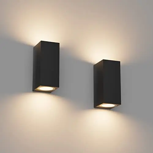 Produktbild: Klighten 2 Stück Schwarz Wandleuchte Aussen Innen, Wasserdicht IP65 Modern Wandlampe Außen, Aluminium Eckig Außenlampe Außenleuchte Wand, Up Down GU10 Fassung Außenwandleuchte, Ohne Leuchtmitte