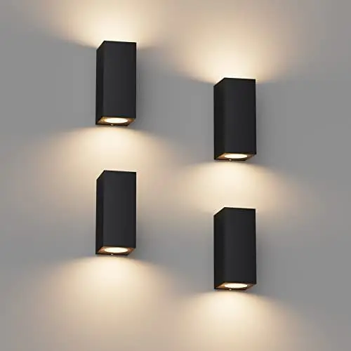 Produktbild: Klighten 4 Stück Schwarz Wandleuchte Aussen Innen, Wasserdicht IP65 Modern Wandlampe Außen, Aluminium Eckig Außenlampe Außenleuchte Wand, Up Down GU10 Fassung Außenwandleuchte, Ohne Leuchtmitte