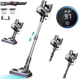 Produktbild: KLiHD Akku Staubsauger Kabellos: 450W/38000Pa mit LED Display Bis zu 55Mins Laufzeit Anti-Tangle-Staubsauger Stielstaubsauger für Tierhaare Hartböden Teppich