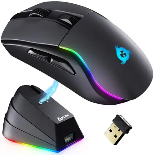 Produktbild: KLIM Blaze Y Wiederaufladbare kabellose Maus - NEU - Gaming Maus mit RGB und Ladestation - Hochpräziser Sensor und langlebiger Akku - Bis zu 6000 DPI - Kabel- und Wireless Mouse für PC - Schwarz