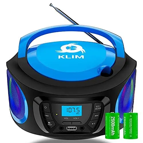 Produktbild: KLIM Boombox Radio mit CD Player - NEU 2024 - FM-Radio, CD Player, Bluetooth, MP3, USB, AUX - Inklusive wiederaufladbaren Akkus - Kabelgebundene und kabellose Modi - Kompakt und robust (Blau)