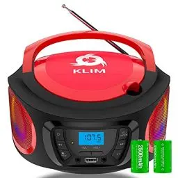 Produktbild: KLIM Boombox Radio mit CD Player - NEU 2024 - FM-Radio, CD Player, Bluetooth, MP3, USB, AUX - Inklusive wiederaufladbaren Akkus - Kabelgebundene und kabellose Modi - Kompakt und robust (Rot)