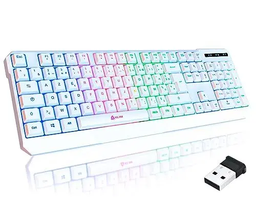 Produktbild: KLIM Chroma Kabellose Gamer-Tastatur AZERTY - Neuheit - Dünn, Langlebig, Ergonomisch, Diskret, Wasserdicht, Leise - Gamer Tastatur mit Hintergrundbeleuchtung für PC Mac - PS4 PS5 Tastatur - Weiß