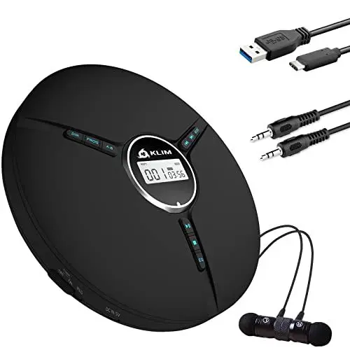 Produktbild: KLIM Discman - Tragbarer CD Player mit eingebautem Akku - NEU - inklusive KLIM Fusion Kopfhörer Kompakter Mini Portable CD Player, kompatibel mit CD-R, CD-RW und MP3 - Discman CD Player - Schwarz