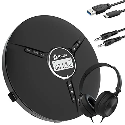 Produktbild: KLIM Discman mit Kopfhörer - Tragbarer CD-Player mit Kopfhörer - mit eingebautem Akku - NEU - Kompakter Mini Portable CD Player, kompatibel mit CD-R, CD-RW und MP3. Discman CD Player - Klar