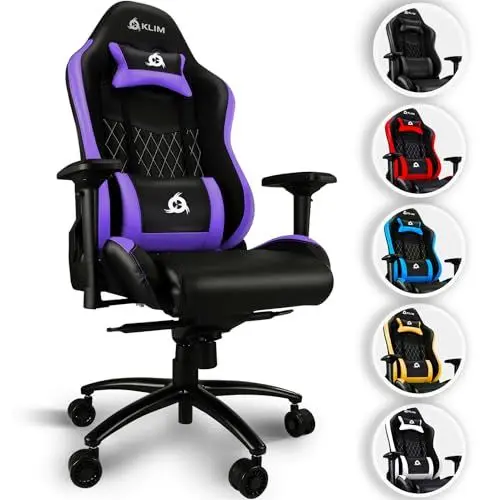 Produktbild: KLIM Esports Gaming Stuhl – PC Sessel mit 4D-Armlehnen, 170 kg Belastbarkeit, Verstellbare Rückenlehne, Ergonomisch mit Kopf- & Lendenkissen, Leise Rollen – Lila