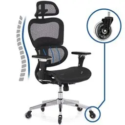 Produktbild: KLIM K800 Ergonomischer Bürostuhl - NEU - Ergonomischer Sitz mit dynamischer Lendenwirbelstütze, Bürostuhl Ergonomisch, 4D Armlehnen und verstellbare Kopfstütze - Kratzfeste Rollen
