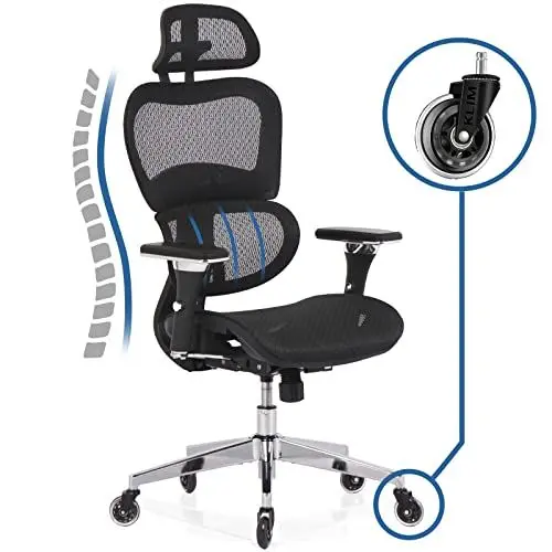 Produktbild: KLIM K800 Ergonomischer Bürostuhl - NEU - Ergonomischer Sitz mit dynamischer Lendenwirbelstütze, Bürostuhl Ergonomisch, 4D Armlehnen und verstellbare Kopfstütze - Kratzfeste Rollen