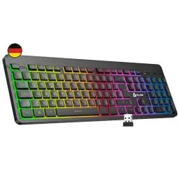 Produktbild: KLIM Light V2 Gaming Tastatur Kabellos QWERTZ + NEU 2023 + flach, ergonomisch, dezent, wasserresistent + Beleuchtete Gaming Tastatur für PC Mac PS4 PS5 + Integrierter Akku mit Langer Lebensdauer