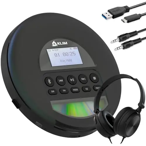 Produktbild: KLIM Nomad CD Player Bluetooth - Tragbarer CD-Player Discman mit langlebigem Akku - Inklusive Kopfhörer - CD-R, CD-RW, MP3 - Mit TF-Reader, Radio FM - Ideal für Autos - Portable CD Player Diskman