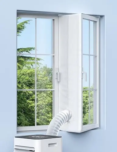 Produktbild: Klimaanlage Fensterabdichtung, Fensterabdichtung für Mobile Klimageräte, Wäschetrockner, Ablufttrockne, 400cm Hot Air Stop Geeignet für Fenster, Flügelfenster, Dachfenster, Kein Bohren, Weiß