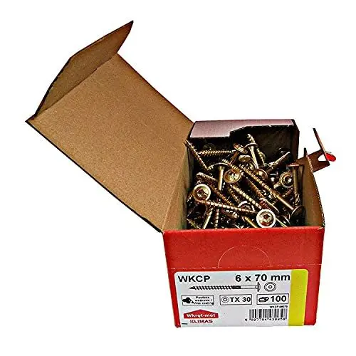 Produktbild: KLIMAS Holzschrauben Torx - Tellerkopfschrauben TX Gelb Schrauben - Flachkopfschrauben Holz - Tellerkopf - Schrauben Set Torx - Holzschrauben Set Dachkonstruktion Schrauben - 6x70 mm - 100 Stück