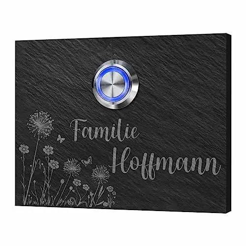 Produktbild: Klingel aus Schiefer Naturstein mit personalisierter Gravur - Türklingel Modell Hoffmann ab 9x7 cm | Optional mit beleuchtetem Klingelknopf und diversem Zubehör