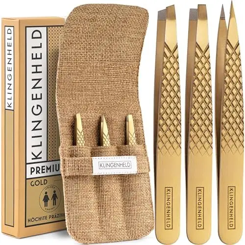 Produktbild: KLINGENHELD® Profi Pinzetten-Set mit ComfortGrip-Spitzen & Anti-Rutsch Griff - Maximaler Halt & höchste Präzision - inkl. Baumwoll-Etui 100% plastikfrei & nachhaltig - Pinzette Augenbrauen zupfen
