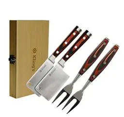 Produktbild: Kling's I Steakbesteck Set - 4-teilig Premium Grillbesteck Set, 2 Steakmesser & 2 Gabel Set mit Holzgriff aus Pakkaholz, Steakmesser Beil, Edelstahl