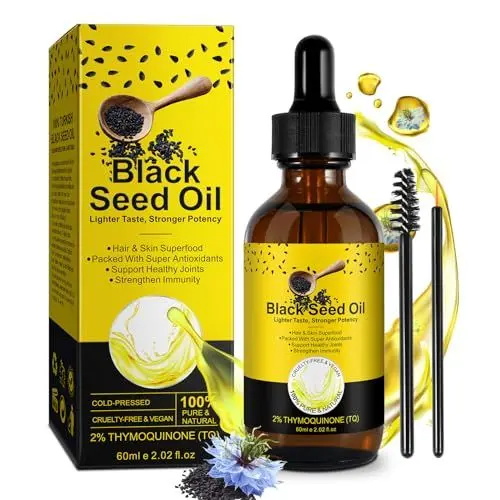 Produktbild: KLLALO Bio Schwarzkümmelöl 60ml - Glasflasche + Pipette + Pinsel, Nigella Sativa Schwarzkümmelöl gegen Haarausfall, Schwarzkümmelöl für Akne und Mitesser - Black Cumin Seed Oil