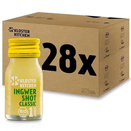 Produktbild: Kloster Kitchen Classic 28 x 30 ml mit echten Ingwerstückchen I Bio Ingwer Shot vegan in der To Go Glasflasche I Ingwershot süß-scharf ohne Zusatzstoffe & mit natürlicher Süße