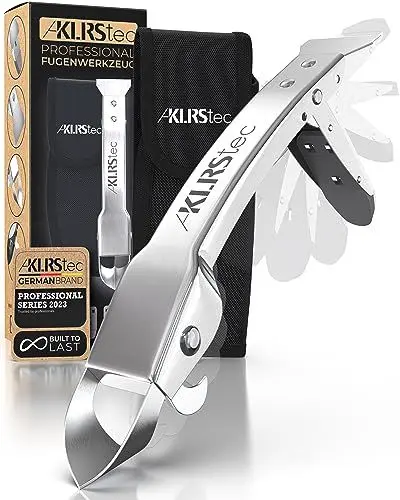 Produktbild: KLRStec Professional Fugenglätter Werkzeug (100% Edelstahl) Robustes 4 in 1 Fugenkratzer & Abzieher Multitool inkl. praktischer Tasche mit Gürtelclip - Profi Werkzeug-Set zum erneuern von Silikonfugen