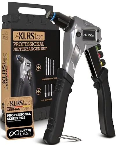 Produktbild: KLRStec® Professional Nietenzangen Set inkl. 120 Nieten und 4 HSS Bohrern – Hochwertige Popnietenzange zum verarbeiten von Blindnieten
