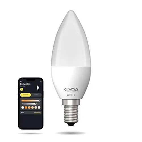 Produktbild: Klyqa E14 White WLAN Lampe I Smarte & kerzenförmige Glühbirne I Kompatibel mit Smart Home Lösungen & Sprachassistenten I Dimmbar via App I Schmaler Fuß I Helle Lampe mit 470lm