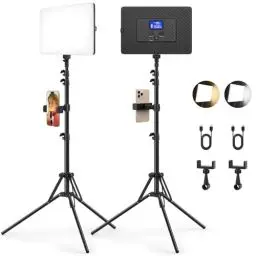Produktbild: Kmasic 2 Pack LED Videoleuchte, Video Licht Handyhalter 8000mAh Videoleuchte Akku Video Streaming Licht mit 160cm Stativ, 2500-8500K 2000Lux Fotolicht für Videobeleuchtung Fotografie YouTube TikTok