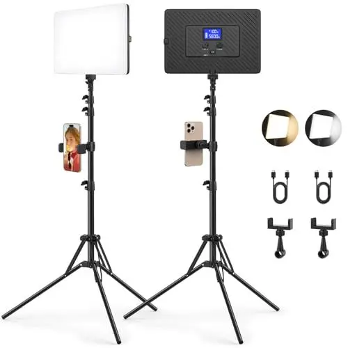 Produktbild: Kmasic 2 Pack LED Videoleuchte, Video Licht Handyhalter 8000mAh Videoleuchte Akku Video Streaming Licht mit 160cm Stativ, 2500-8500K 2000Lux Fotolicht für Videobeleuchtung Fotografie YouTube TikTok