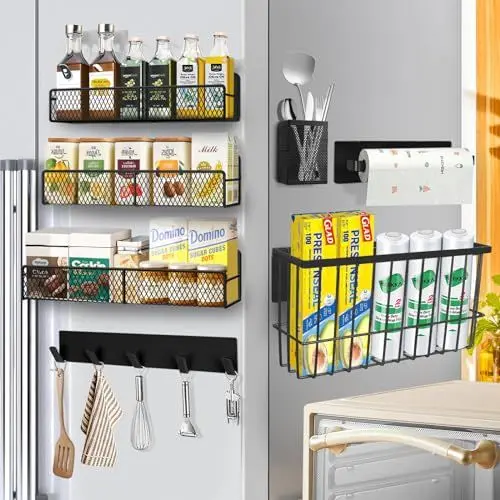 Produktbild: Kmise 7pcs Magnetisch Gewürzregal für Kühlschrank, Starken Magnet Hängende schwarzem Metall Gewürzregal Ohne Bohren, mit Papierhandtuchhalter, Küchengeschirrhalter, Hakenhalter, Schneidebretthalter
