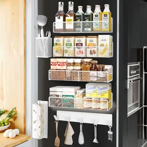 Produktbild: Kmise 7pcs weiß Magnetisch Gewürzregal für Kühlschrank, Hängende Metall Gewürzregal Ohne Bohren mit starken Magneten einschließlich Papierhandtuchhalter, Küchengeschirrhalter，Haken-Rack