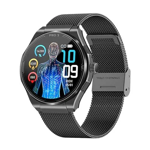 Produktbild: Knauermann PRO 3 (2024) Schwarz - Gesundheitsuhr Smartwatch mit Telefoniefunktion - EKG + HRV und SOS Funktion - AMOLED Display- BT Bluetooth - Schlafapnoe - Milanaiseband Schwarz, 14-24,rund