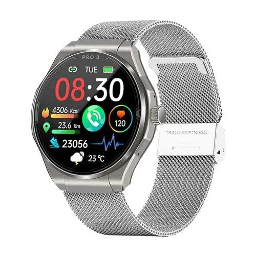 Produktbild: Knauermann PRO 3 (2024) Silber - Gesundheitsuhr Smartwatch mit Telefoniefunktion - EKG + HRV und SOS Funktion - AMOLED Display- BT Bluetooth - Schlafapnoe - Milanaiseband Schwarz, 14-24,rund