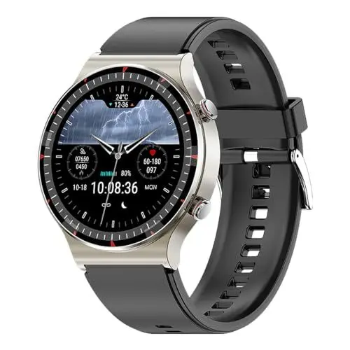 Produktbild: Knauermann Pro 2 (2023) Silber - Gesundheitsuhr Smartwatch - OSRAM Sensoren - EKG + HRV Funktion - BT Bluetooth - Schlafapnoe - Blutdruck - Silikonband Schwarz, 14-24