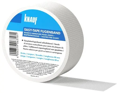 Produktbild: Knauf EASY-TAPE Fugendeckband zum Stabilisieren und Verspachteln von Fugen – selbstklebender Bewehrungs-Streifen zum Verfugen von Gipskarton-Platten bzw. Gipsfaser-Platten, 48 mm x 45 m