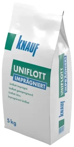 Produktbild: Knauf Uniflott imprägniert Gipsspachtel-Masse zum Verspachteln von imprägnierten Gipsplatten mit HRK bzw. HRAK ohne Fugen-Deckstreifen, 5 kg – Spezial-Gips, wasser-abweisende Spachtel-Masse