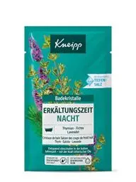 Produktbild: Kneipp Badekristalle Erkältungszeit Nacht - naturreines Badesalz der Saline Luisenhall mit ätherischen Ölen aus Lavendel, Thymian & Fichte - entspannt einschlafen in kalten Jahreszeiten - 60g