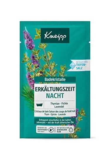 Produktbild: Kneipp Badekristalle Erkältungszeit Nacht - naturreines Badesalz der Saline Luisenhall mit ätherischen Ölen aus Lavendel, Thymian & Fichte - entspannt einschlafen in kalten Jahreszeiten - 60g