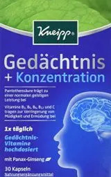 Produktbild: Kneipp Gedächtnis + Konzentration - Nahrungsergänzung zur Steigerung der geistigen Leistung & Verringerung von Müdigkeit - Pantothensäure, Vitamin B2 B5 B6 B12 C & Panax-Ginseng - 30 Kapseln