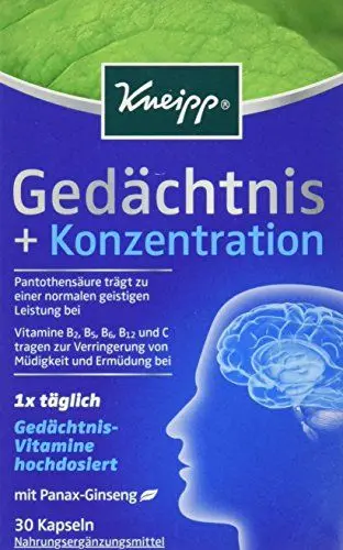 Produktbild: Kneipp Gedächtnis + Konzentration - Nahrungsergänzung zur Steigerung der geistigen Leistung & Verringerung von Müdigkeit - Pantothensäure, Vitamin B2 B5 B6 B12 C & Panax-Ginseng - 30 Kapseln