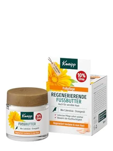 Produktbild: Kneipp Regenerierende Fussbutter, Sofort spürbar glatte Füße Dank 10 Prozent Urea, zitrischer Duft mit natürlichem, ätherischem Orangenöl erfrischt und wirkt desodorierend, 100ml
