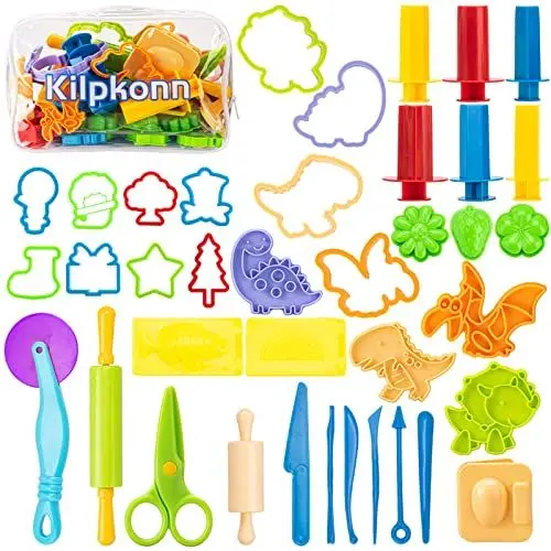 Produktbild: 42pcs Knete Zubehör, Knetwerkzeug Set, Formen, Form, Schere, Knete Teigroller mit Aufbewahrungstasche, Spielset Knete zubehör für Kinder Kleinkinder Jungen Mädchen