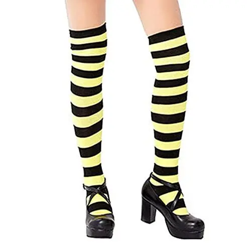 Produktbild: Knie Lange Socken Baumwolle Oberschenkel hohe Socken stricken lange Stiefel Strumpf Beinwärmer für Frauen Mädchen,E Gelbe und Schwarze Streifen