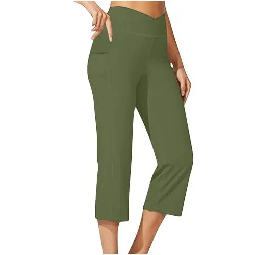 Produktbild: Knielange Leggings für Damen, hohe Taille, Caprihose, Workout, Bikerhose, Abnehmen, athletische Gymnastikhose, Yogahose Kurze Leinenhose Damen Som𝐦er (Green, S)