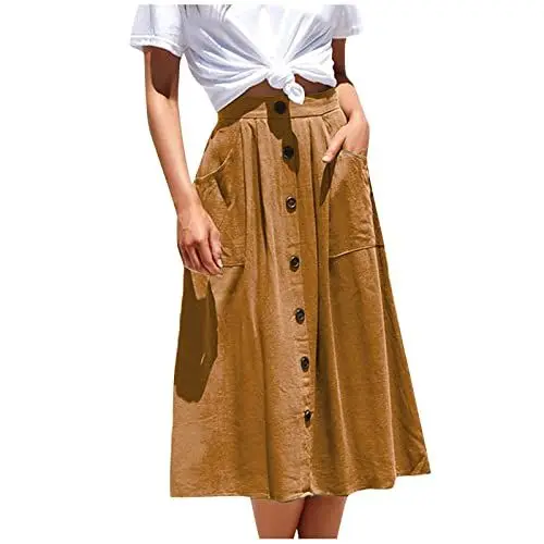 Produktbild: Knielanger Rock Damen Rock Damen Sommer Leinenrock Mittelalter Damen Bleistiftrock Damen Kurz Rock Damen A Linie Sommerrock Damen Midi Rock Für Hochzeit Damen Skirts for Women Kaffee L