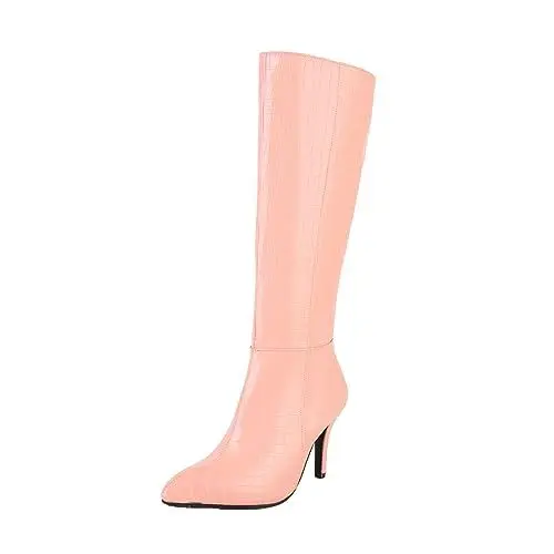 Produktbild: Kniestiefel Damen Wildleder Stiletto High Heels Stiefel Winter Elegante Mode Schuhe Lange Stiefel Retro Cowgirl Stiefel E-10 Pink 37