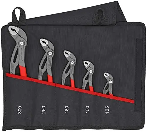 Produktbild: KNIPEX Cobra®-Set Wasserpumpenzangen-Set, 5-teilig, 125 bis 300 mm, Selbstklemmeffekt, in hochwertiger Rolltasche, Zangenset, Werkzeugset, 00 19 55 S5