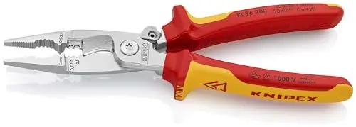 Produktbild: KNIPEX Elektro-Installationszange, VDE, Öffnungsfeder, Kabelschneiden, Abisolieren, Crimpen von Aderendhülsen, Greifen, Biegen, Multitool, 13 96 200