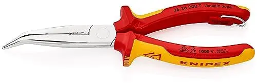 Produktbild: KNIPEX Flachrundzange mit Schneide (Storchschnabelzange) isoliert mit Mehrkomponenten-Hüllen, mit integrierter isolierter Befestigungsöse zum Anbringen einer Absturzsicherung 200 mm 26 26 200 T