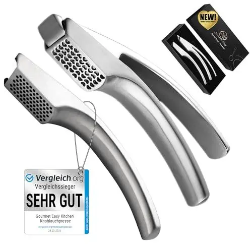 Produktbild: Knoblauchpresse Edelstahl Set mit 2 Aufsätzen | Knoblauch Presse für Knoblauchpaste & Stücke | Garlic Press für Knoblauch & Ingwer (kein Schälen notwendig) | Spülmaschinenfest 5 Jahren Garantie